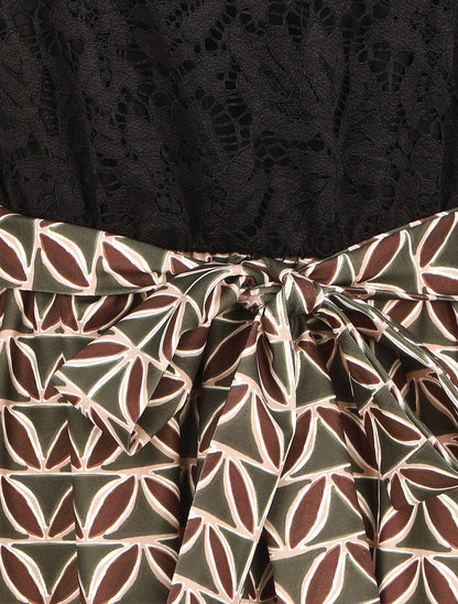 Robe évasée dentelle et imprimé graphique - Kaki - 3