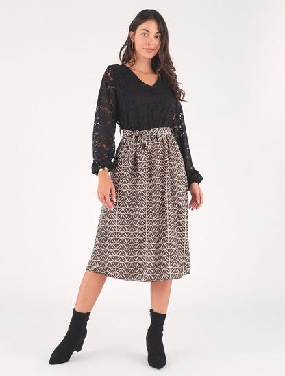 Robe évasée dentelle et imprimé graphique - Kaki - 4