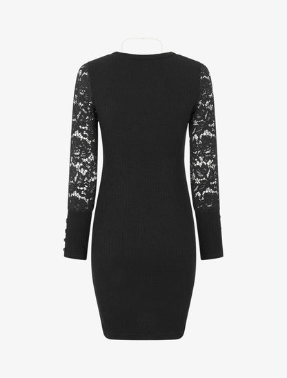 Robe pull à manches en dentelle - Noir - 2