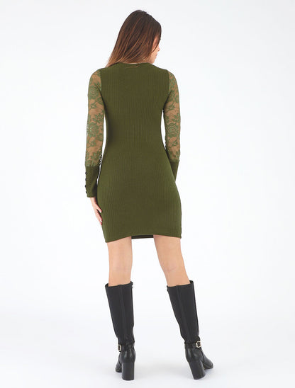 Robe pull à manches en dentelle - Kaki - 5