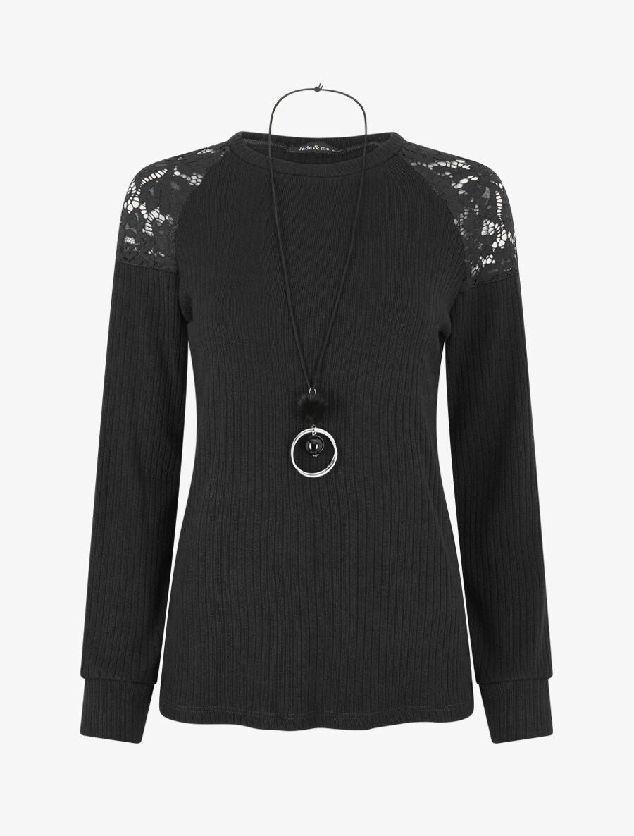 Pull uni et épaules en dentelle - Noir - 1