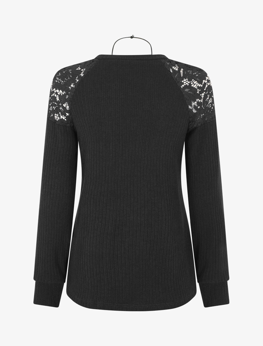 Pull uni et épaules en dentelle - Noir - 2