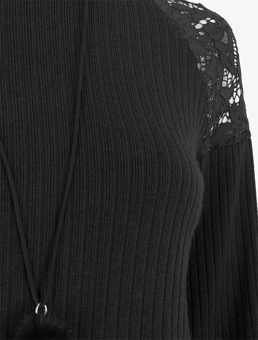 Pull uni et épaules en dentelle - Noir - 3