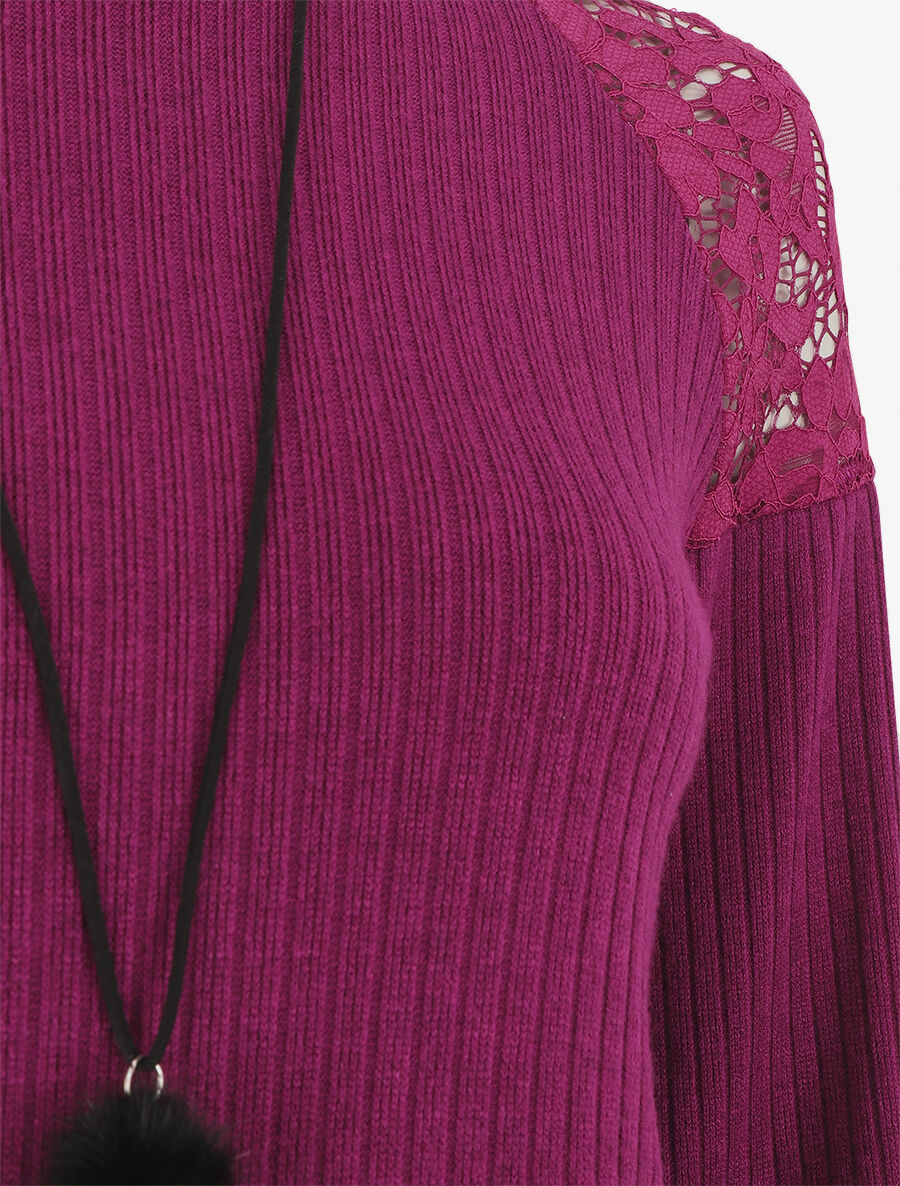 Pull uni et épaules en dentelle - Violine - 3