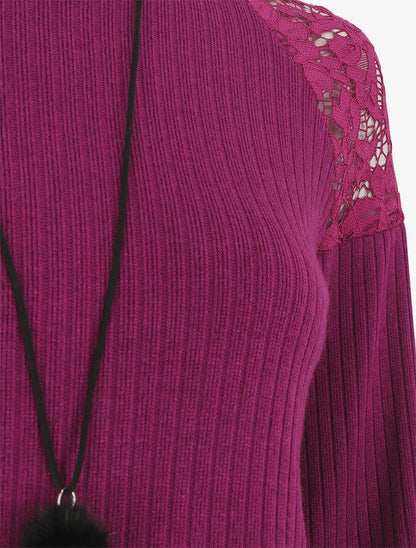 Pull uni et épaules en dentelle - Violine - 3