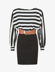 Robe courte ajustée bi-matière à rayures - Noir/blanc - 1