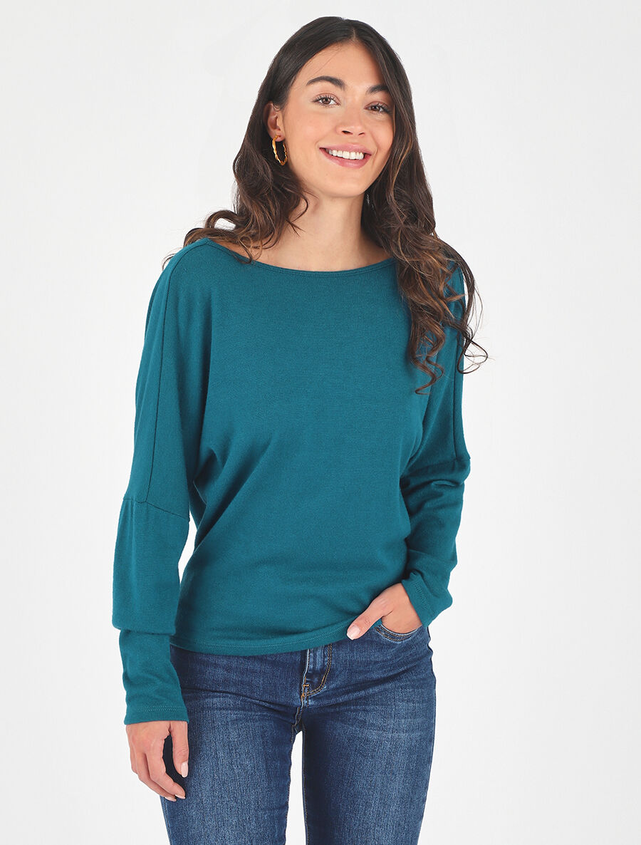 Pull loose dos nu bijou à perles - Bleu canard - 5