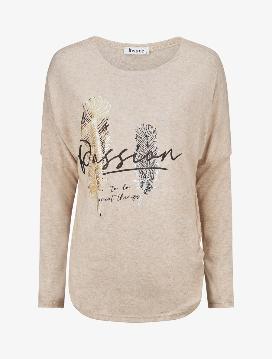 Pull ample motif plumes irisées - Beige - 4