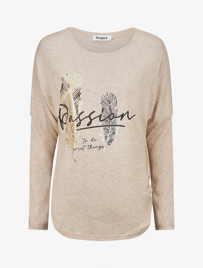 Pull ample motif plumes irisées - Beige - 4
