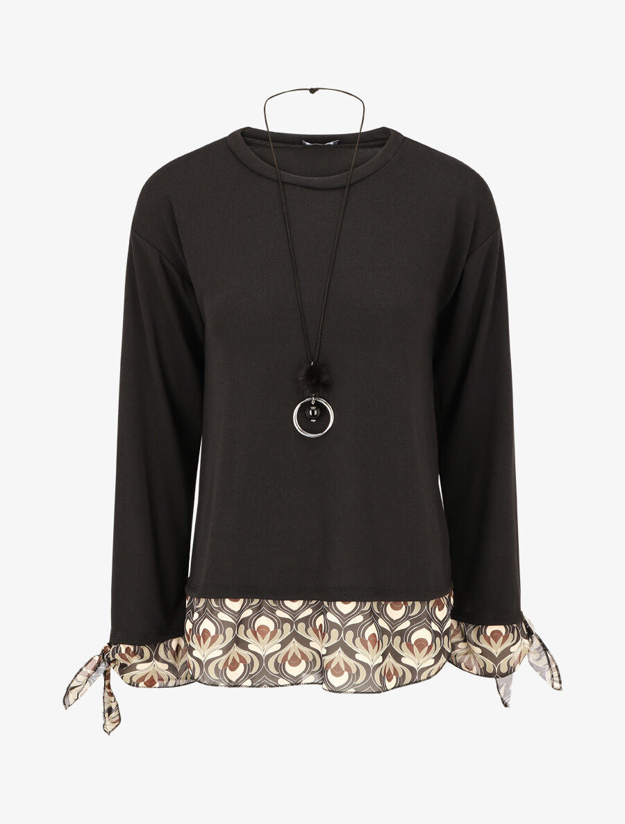 Pull fin bi-matière à imprimé fantaisie - Noir - 1