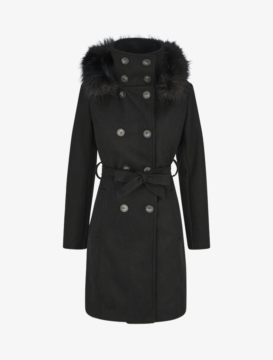 Manteau long capuche à fourrure - Noir - 4