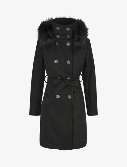 Manteau long capuche à fourrure - Noir - 4