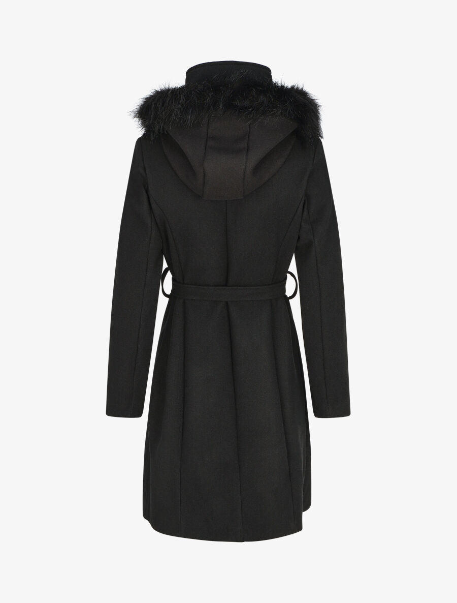 Manteau long capuche à fourrure - Noir - 2