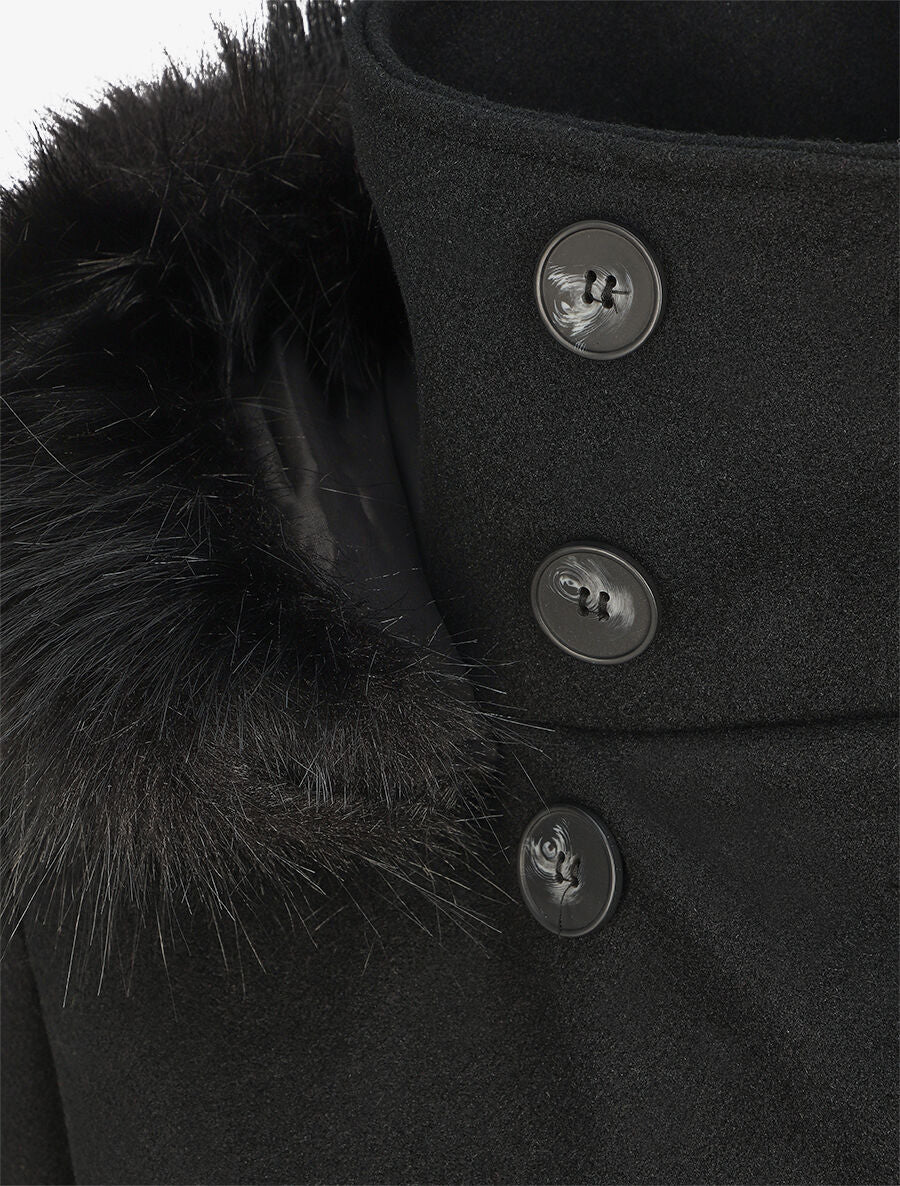 Manteau long capuche à fourrure - Noir - 3