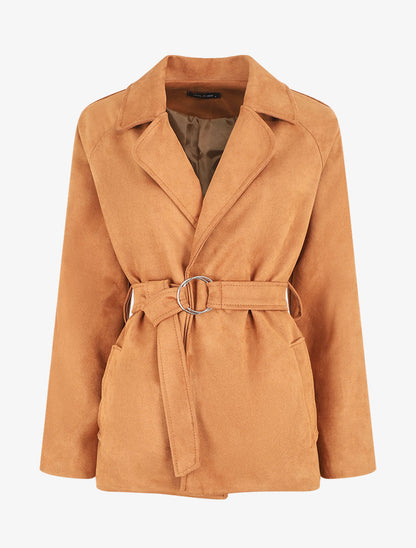 Veste droite en suédine ceinturée - Camel - 1