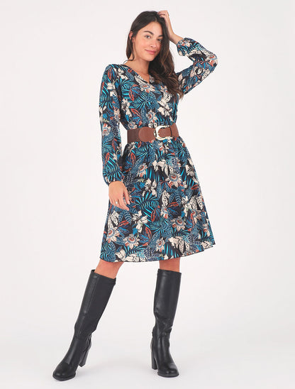 Robe évasée imprimé tropical - Bleu canard - 1