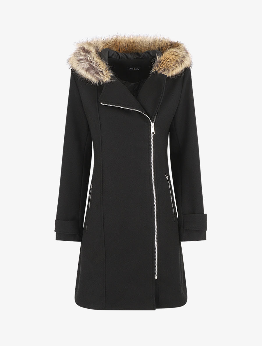 Manteau zippé à capuche fausse fourrure - Noir - 1