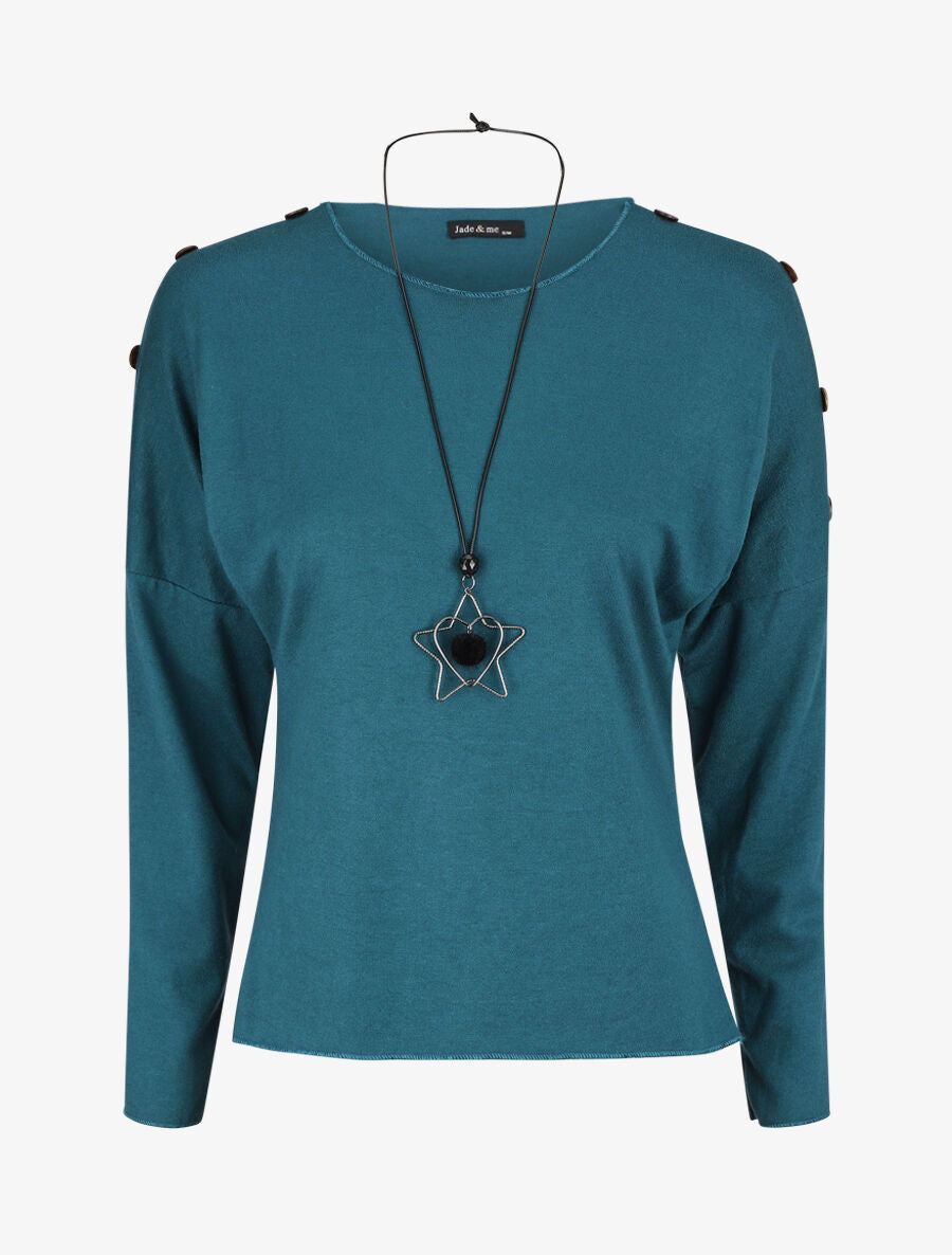 Pull droit uni à boutons - Bleu canard - 1