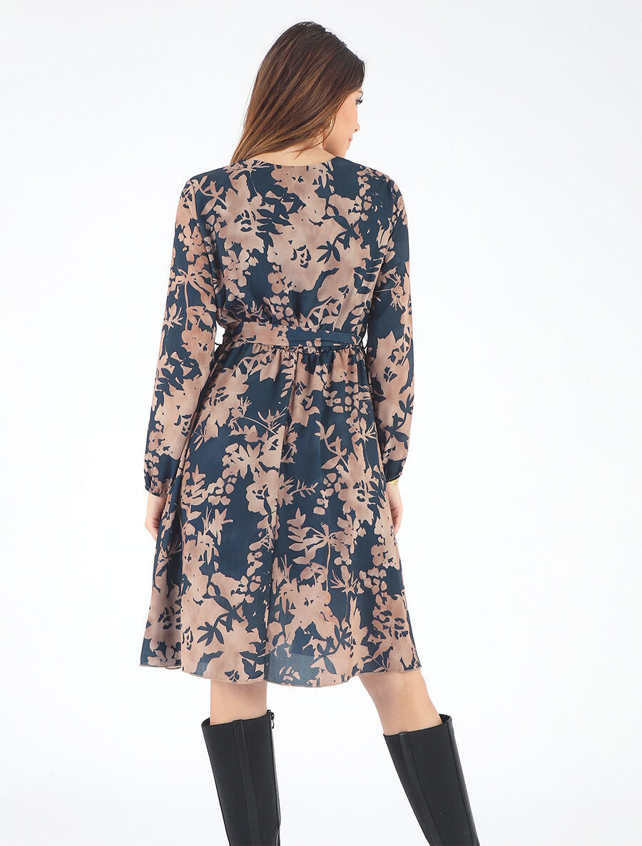Robe mi-longue imprimé floral coupe évasée - Marine - 5