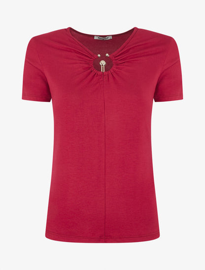 T-shirt à empiècement doré - Rouge cerise - 1