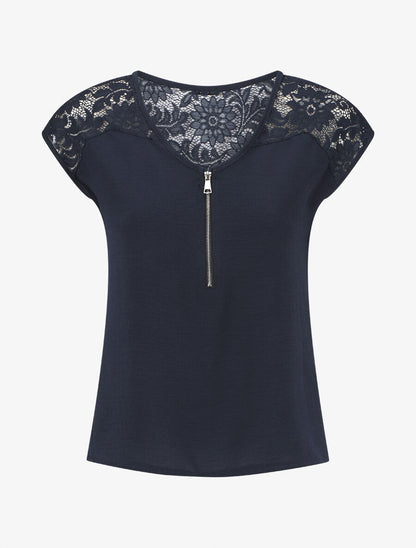 Top uni à zip et dentelle - Marine - 5