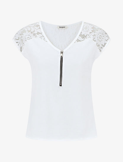 Top uni à zip et dentelle - Blanc - 1
