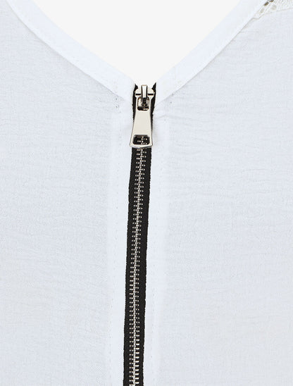 Top uni à zip et dentelle - Blanc - 3