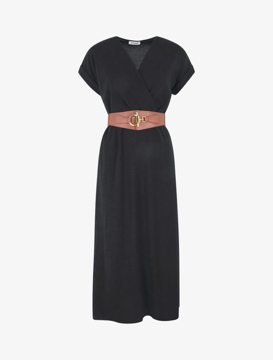 Robe longue unie cache-coeur - Noir - 1