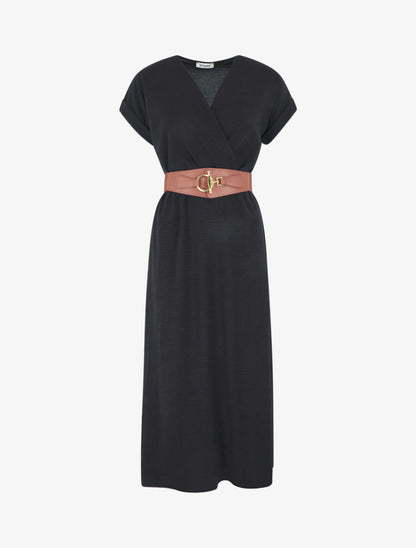 Robe longue unie cache-coeur - Noir - 1