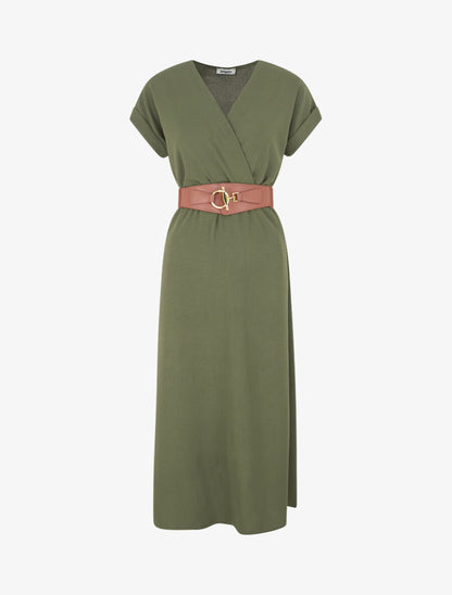 Robe longue unie cache-coeur - Kaki - 1