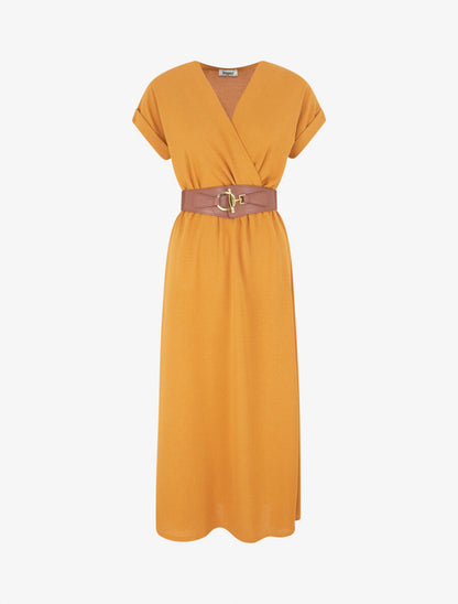 Robe longue unie cache-coeur - Jaune moutarde - 5