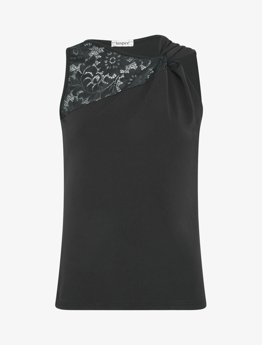 Top uni sans manches à détail dentelle - Noir - 1