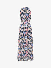 Robe longue en voile imprimé pivoines - Marine - 1
