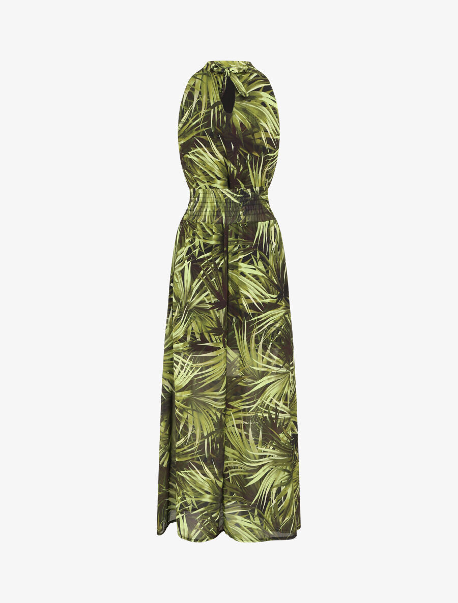 Robe longue en voile imprimé feuillages - Noir - 2