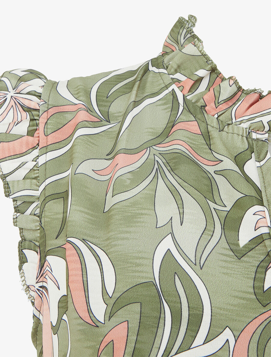 Top satiné sans manches motif fleuri et volants - Kaki - 3