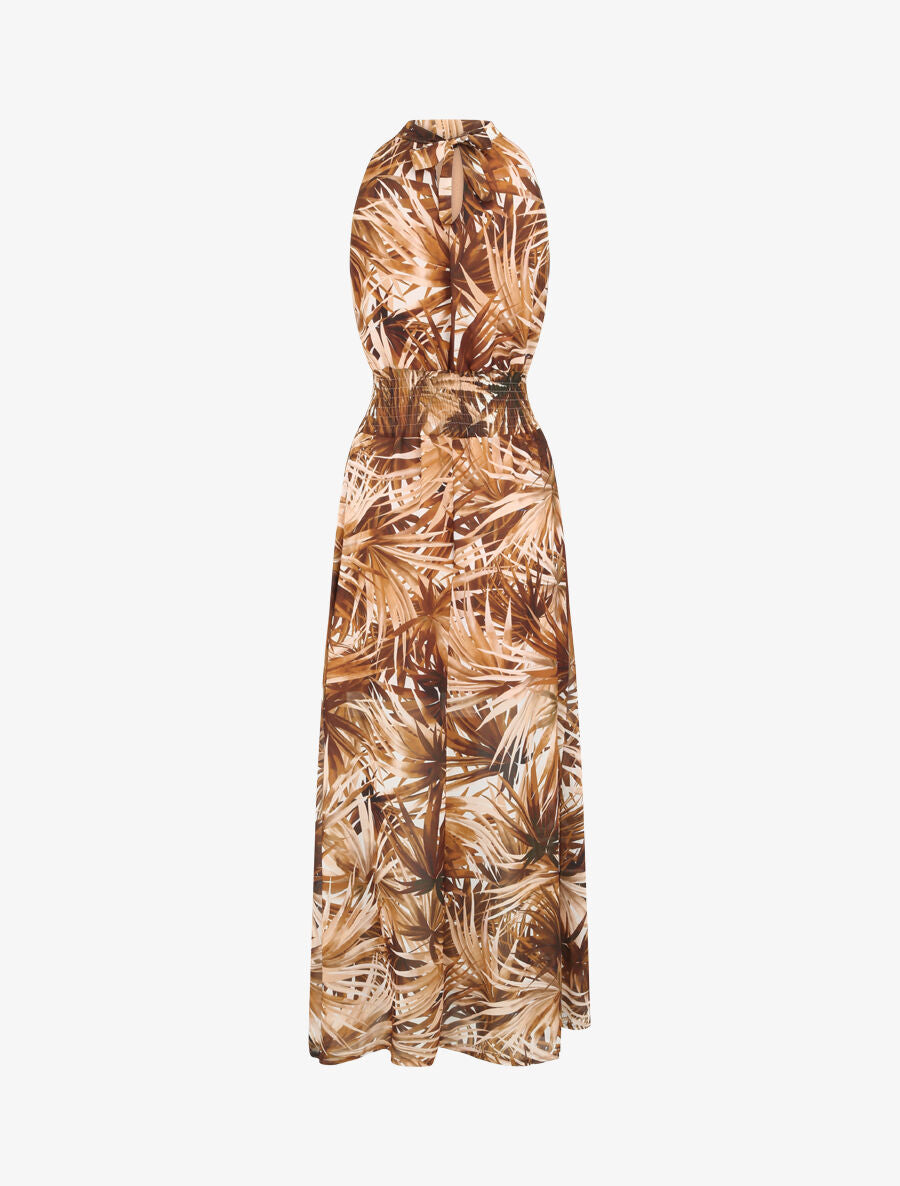Robe longue en voile imprimé feuillages - Taupe - 2
