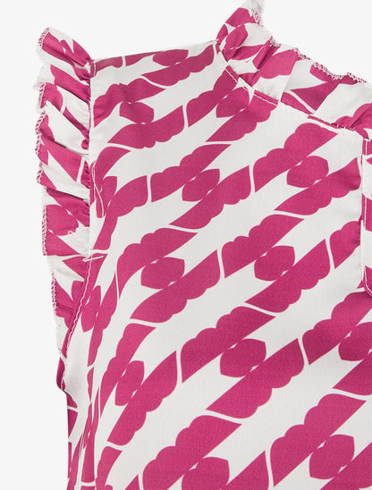 Top satiné sans manches motif fantaisie et volants - Violine - 3