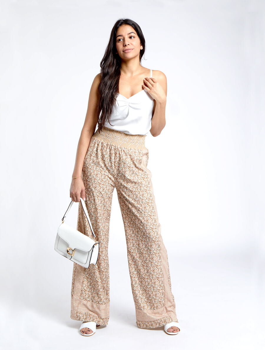 Pantalon fluide coupe flare imprimé petites fleurs - Taupe - 4