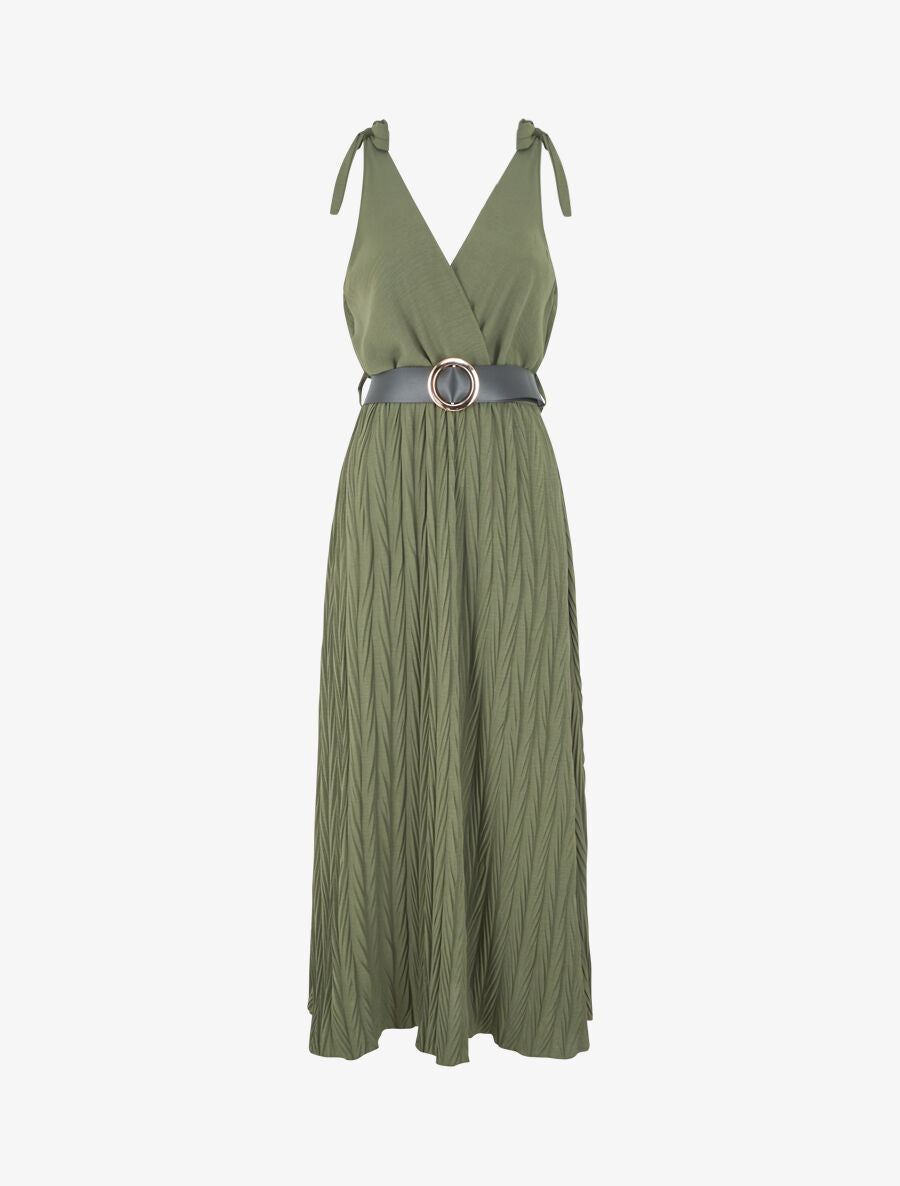 Robe longue à jupe texturée - Kaki - 5