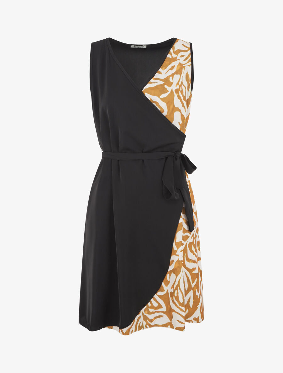 Robe portefeuille sans manches imprimé fantaisie - Noir/moutarde - 1