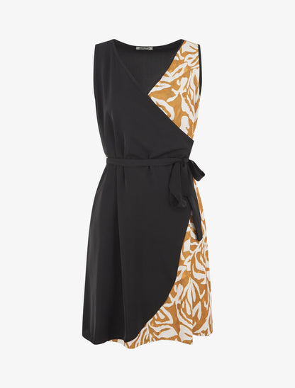 Robe portefeuille sans manches imprimé fantaisie - Noir/moutarde - 1