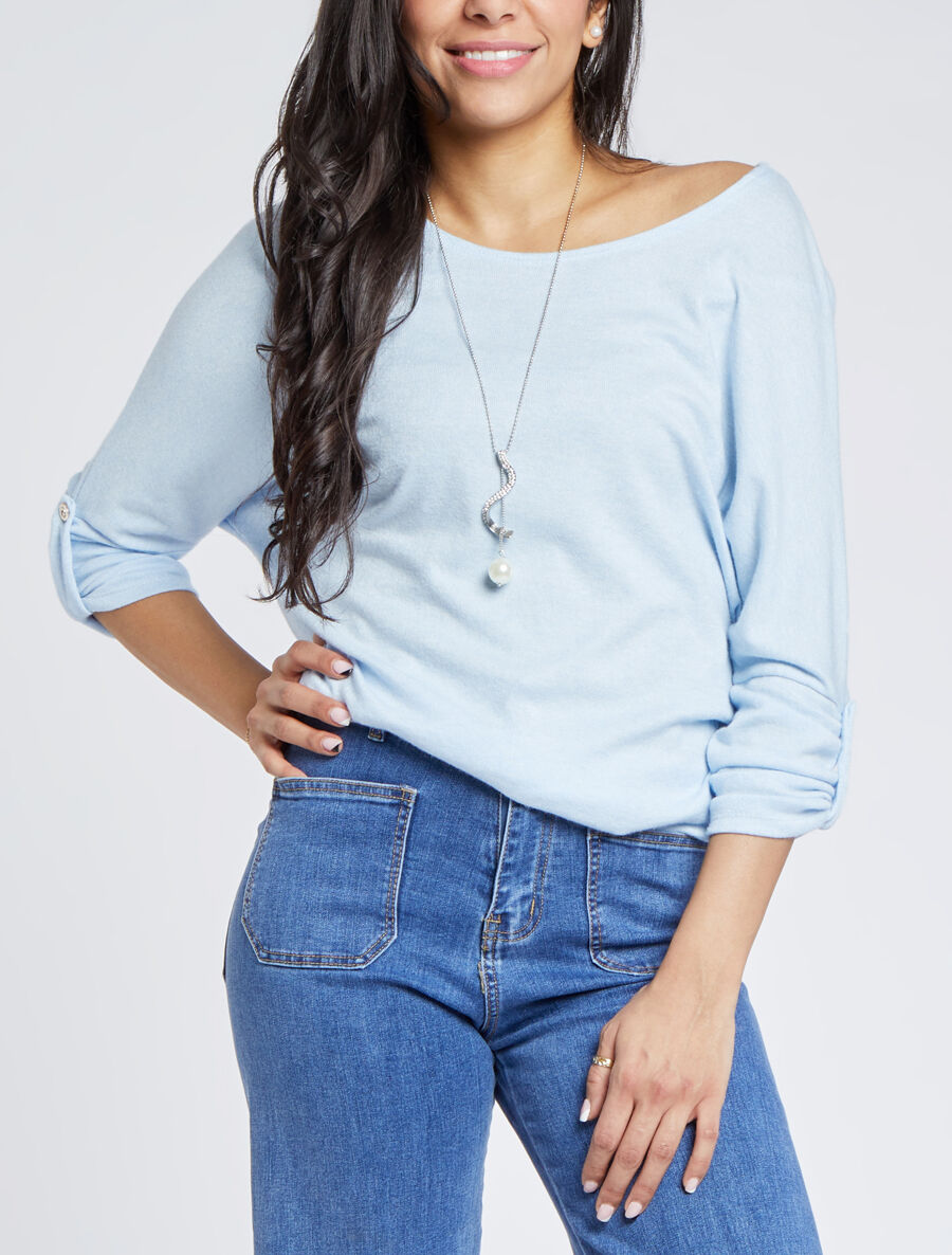 Pull fin oversize manches 3/4 - Bleu ciel - 4