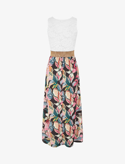 Robe longue bi-matière imprimé feuillage - Noir - 2