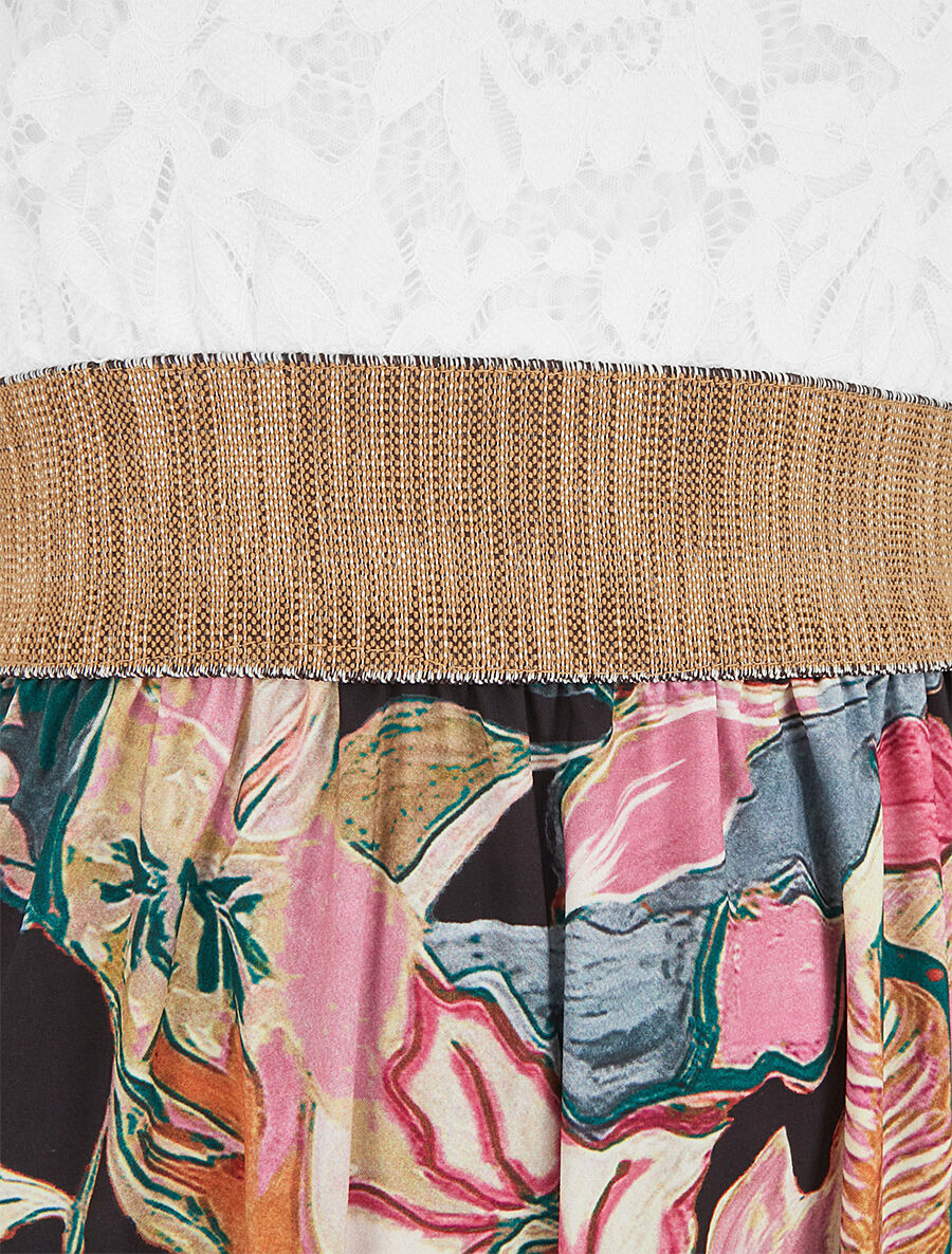 Robe longue bi-matière imprimé feuillage - Noir - 3