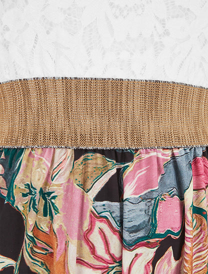 Robe longue bi-matière imprimé feuillage - Noir - 3