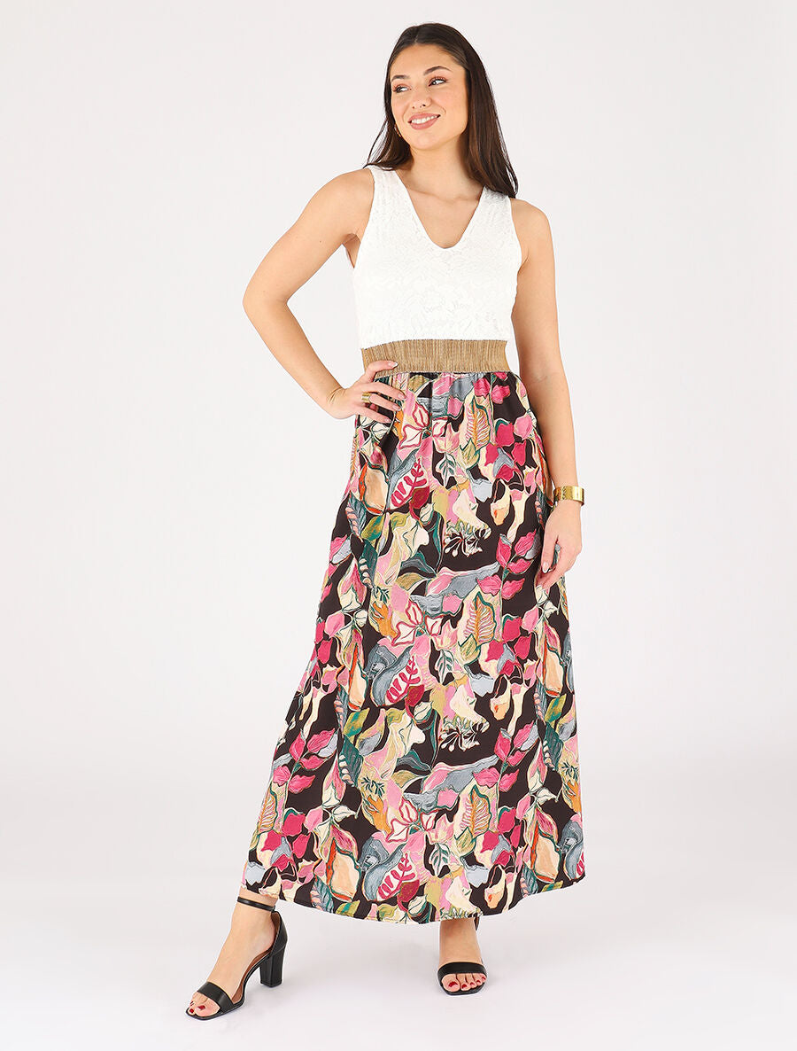 Robe longue bi-matière imprimé feuillage - Noir - 4