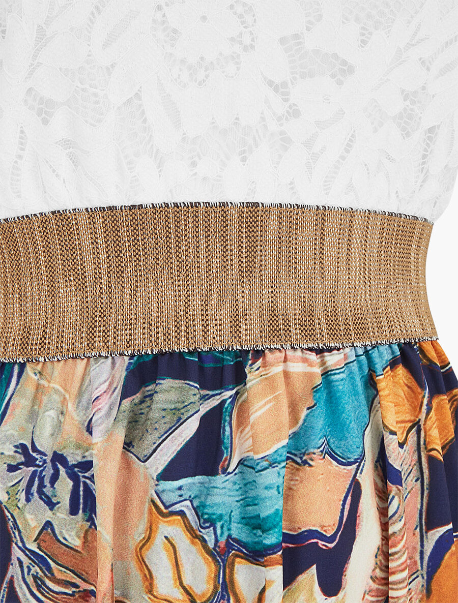 Robe longue bi-matière imprimé feuillage - Marine - 3