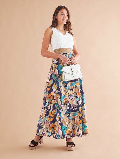 Robe longue bi-matière imprimé feuillage - Marine - 4