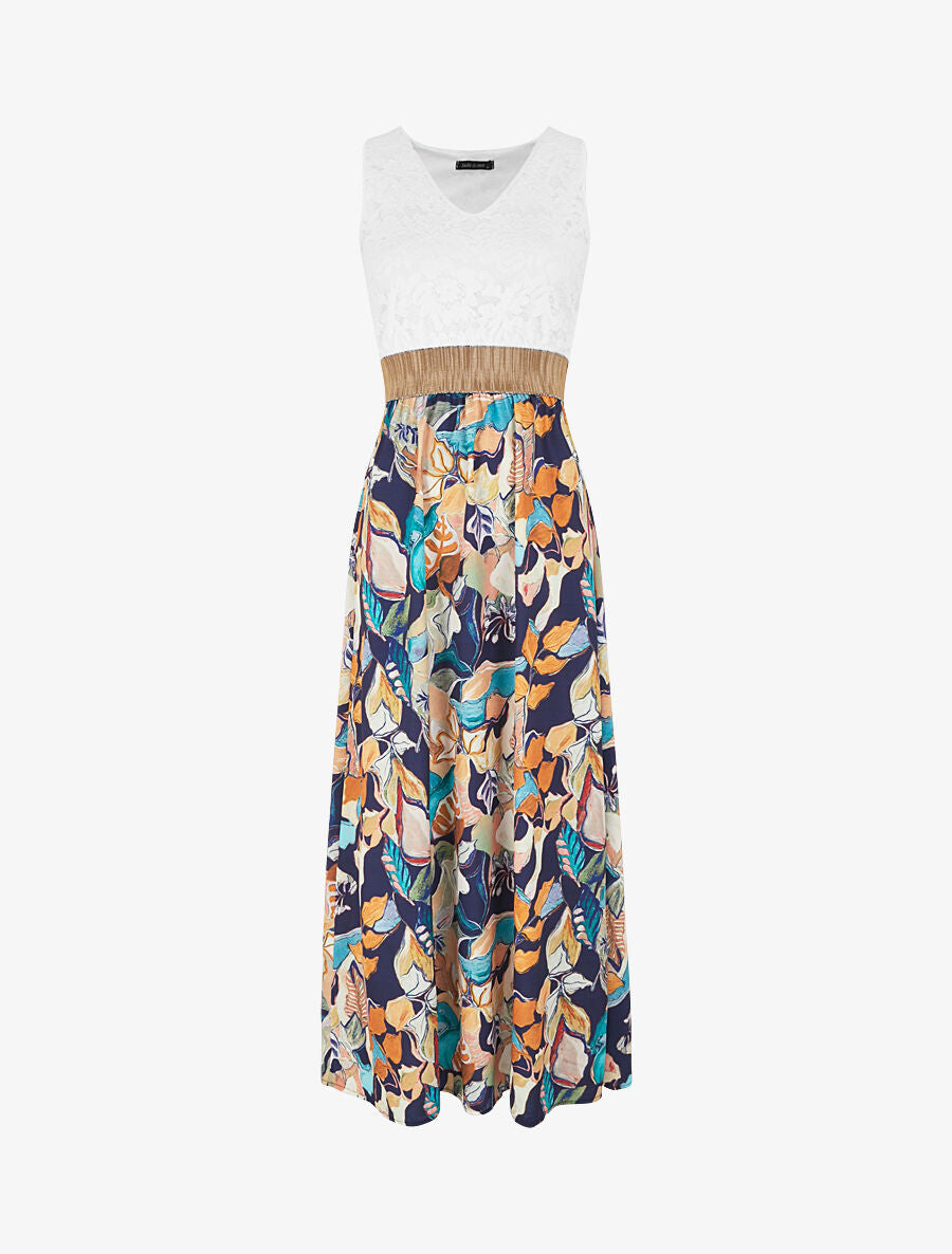 Robe longue bi-matière imprimé feuillage - Marine - 5