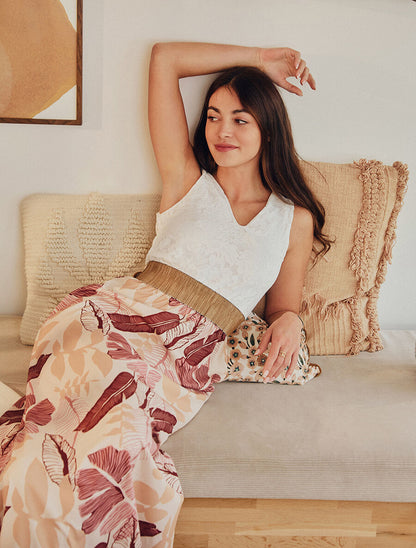 Robe longue bi-matière imprimé feuilles - Beige - 6